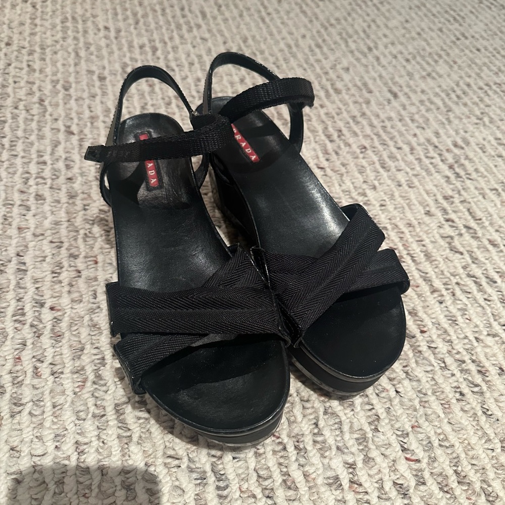 Prada women's sandals shoes wedge black